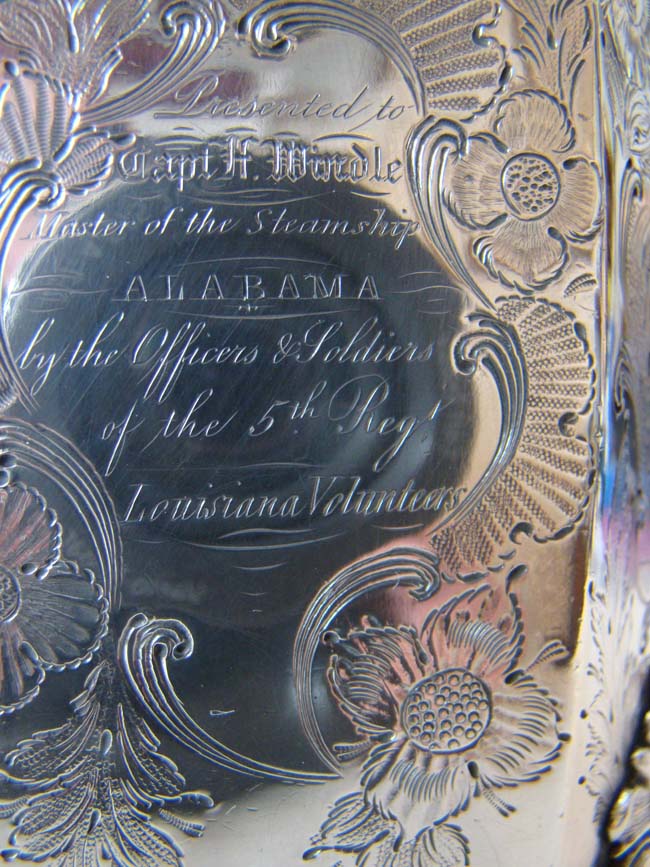 An important silver cup presented in 1846 to the Capt. of the Steamship ALABAMA by the Officers & Soldiers of the 5th Regiment Louisiana Volunteers who were returning home after fighting in the Mexican War.  — image 8